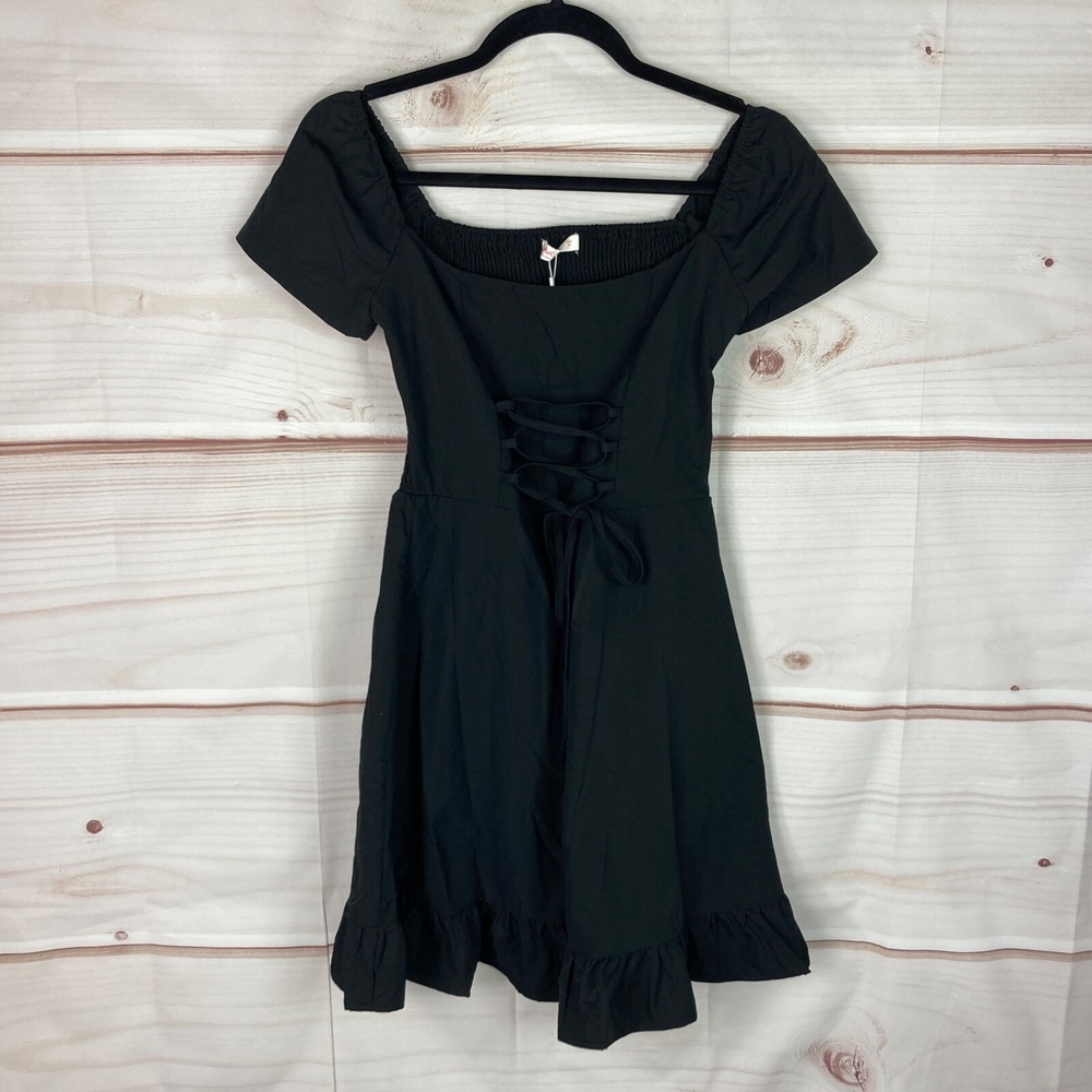 Romwe Dress Womens 4 Black‎ Lace Up Fit And Flare Mini Cap Sleeve Smocked Solid